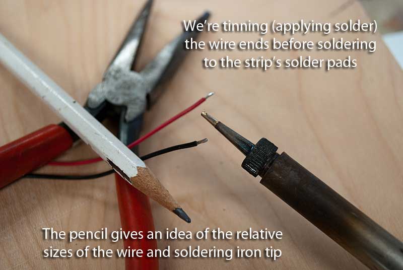 First, tin the power leads that get soldered to the strip