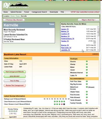 RV Park Review web site - screen grab